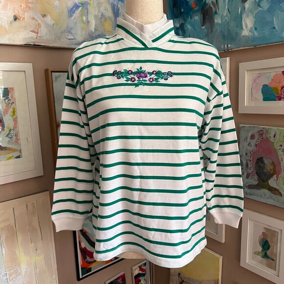 Erika Sweaters - Vintage Mock Neck Sweatshirt Erika Green White Striped Floral Cottagecore Sz SP